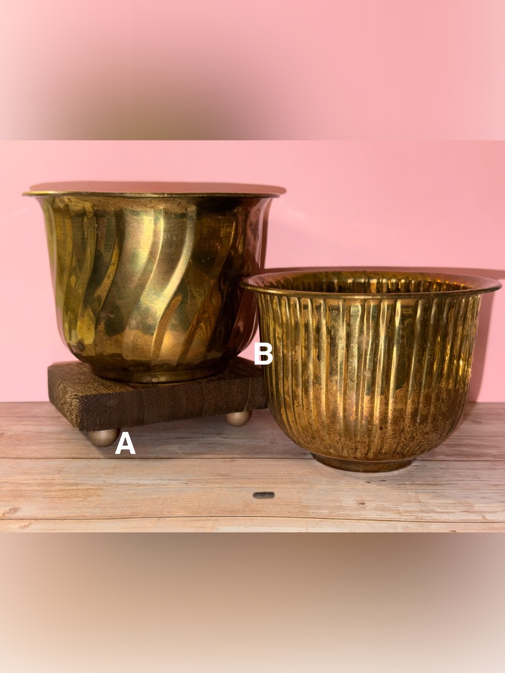 Vintage Brass Planter Cachepot Set MCM Hollywood Regency Ribbed Swirl Bowls